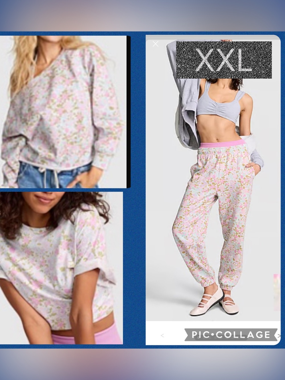 PINK VS Campus Off-The-Shoulder Sweatshirt sweatpants short sleeve tee floral